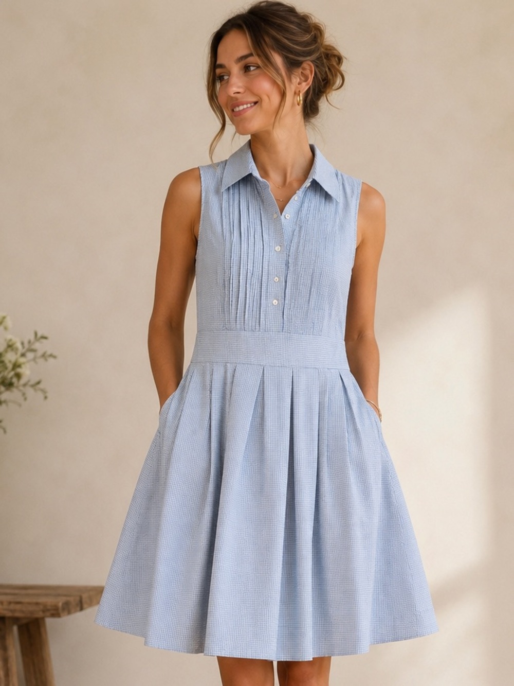 Martin + Osa Blue Micro Check Pintuck Shirt Dress Sleeveless Pleated Preppy